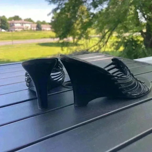 Franco Sarto Black Leather Strappy Boho Wedge Heels Size 8M - Picture 6 of 8
